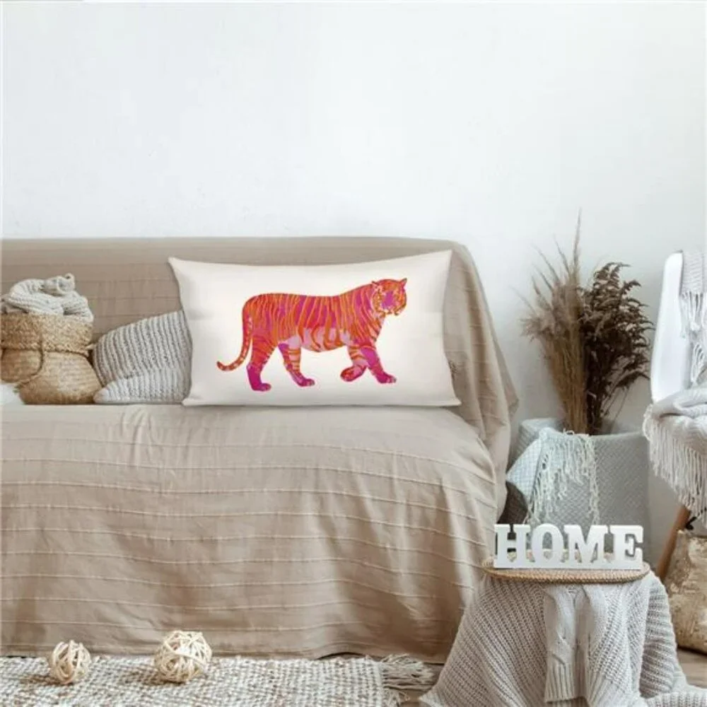 Red Flannel Tiger Throw Pillow Cover 12x20 for Dorm Couch Bed Room Decor